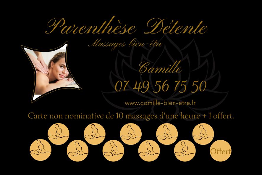 Carte (10 massages) non nominative : Elle vous permet d'offrir un massage en la prêtant à la personne de votre choix.